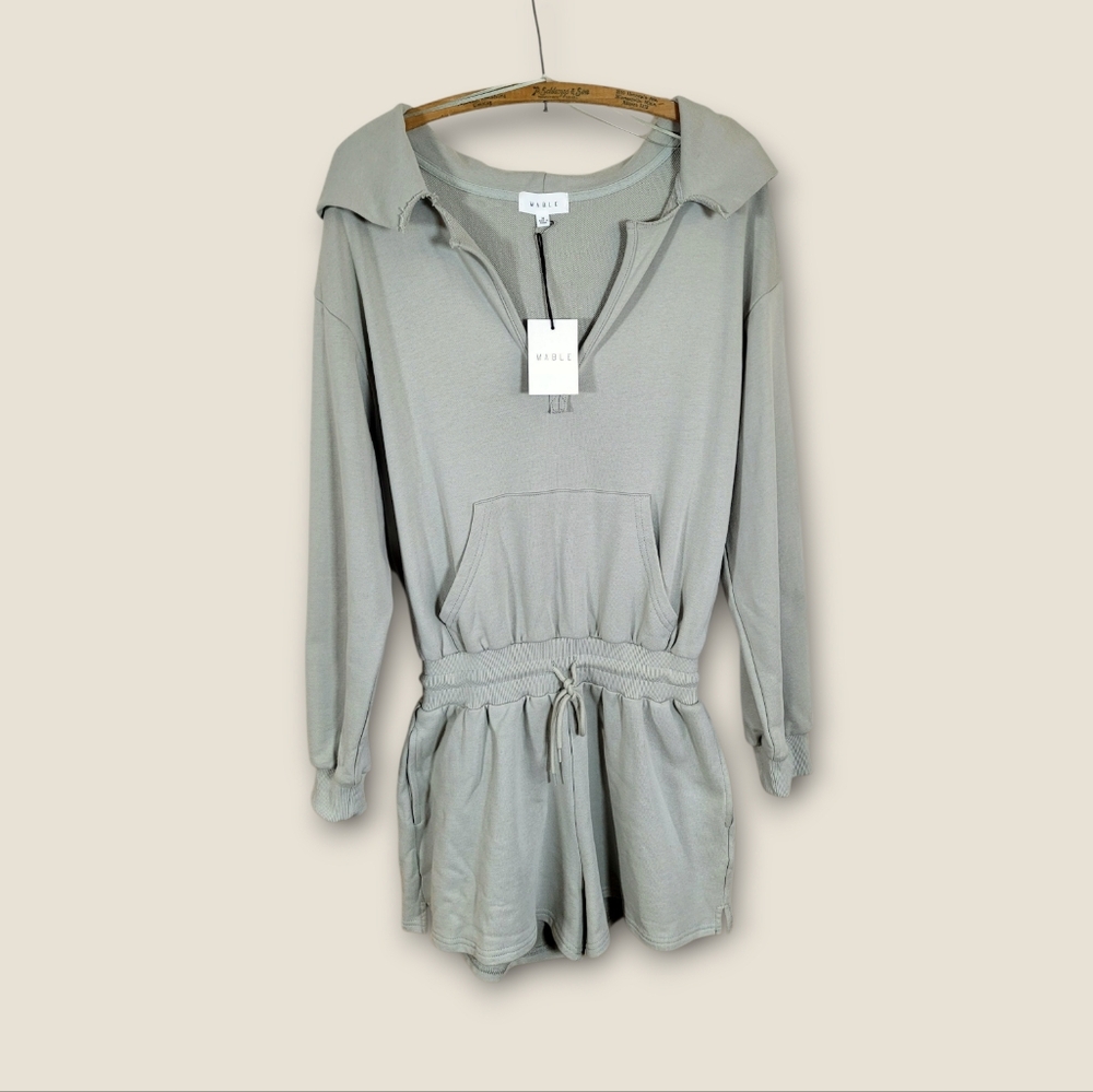 NWT MABLE French Terry Long Sleeve V-Neck Hooded Drawstring Waist Sage Romper M - Picture 11 of 14